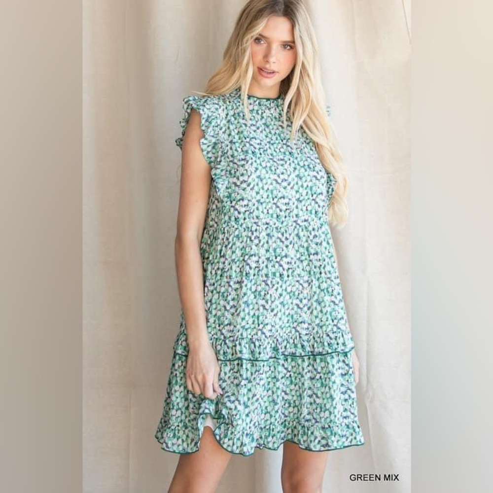 JODIFL Green Mix Floral Ruffle Tiered Mini Dress